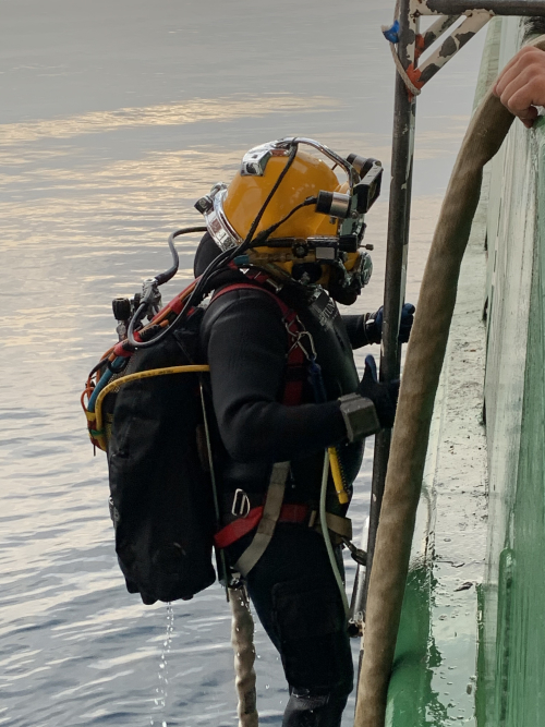 Commercial diver with surface supplied diving equipment at the waterline